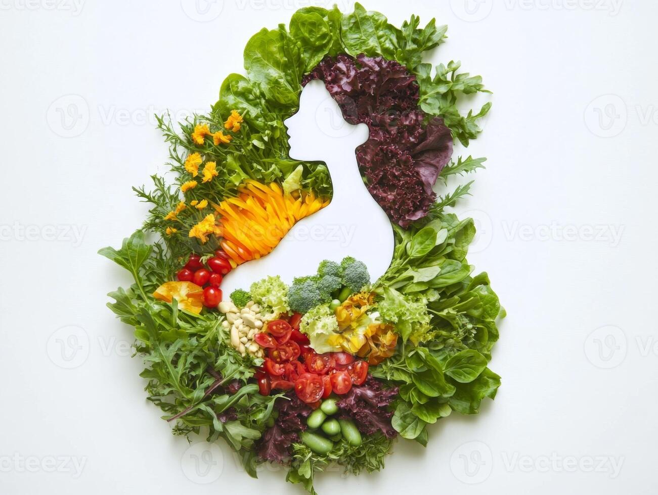 Vegetables forming the silhouette of a pregnant woman promoting healthy eating habits photo