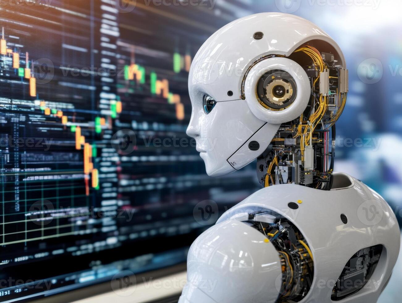 White robot analyzing declining stock market data on computer screen photo