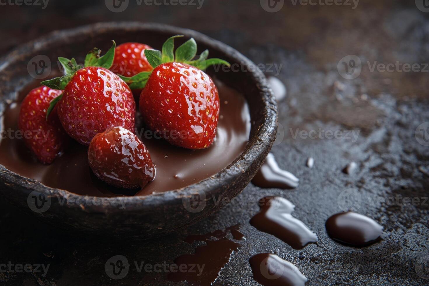 Fresh strawberries dipped in melted dark chocolate fondue photo