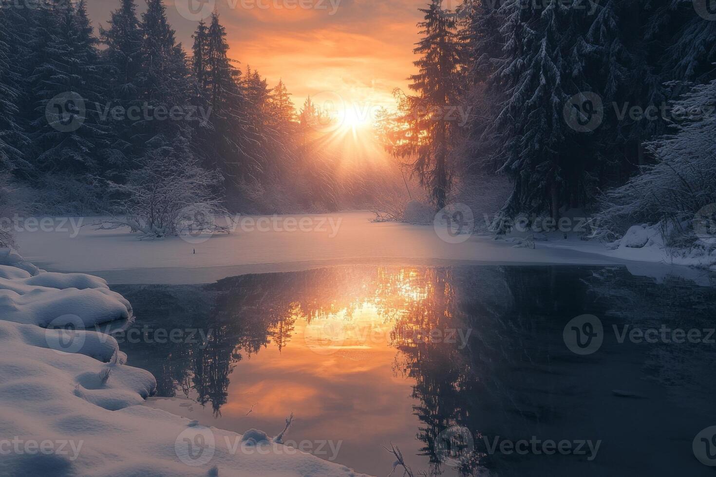 Frozen lake reflecting dramatic sunset in a snowy forest photo
