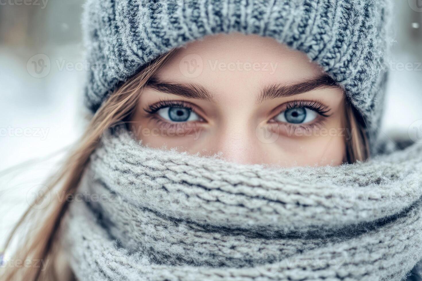 Beautiful young woman wearing knitted wool hat and scarf in winter photo