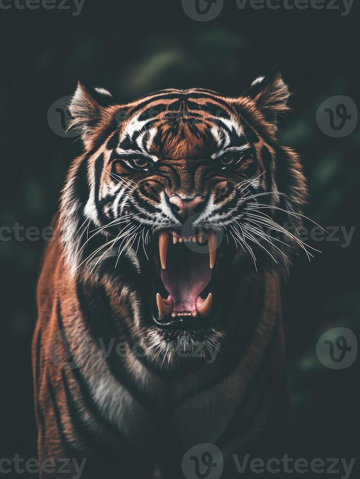 Powerful tiger showing teeth roaring wild animal photo
