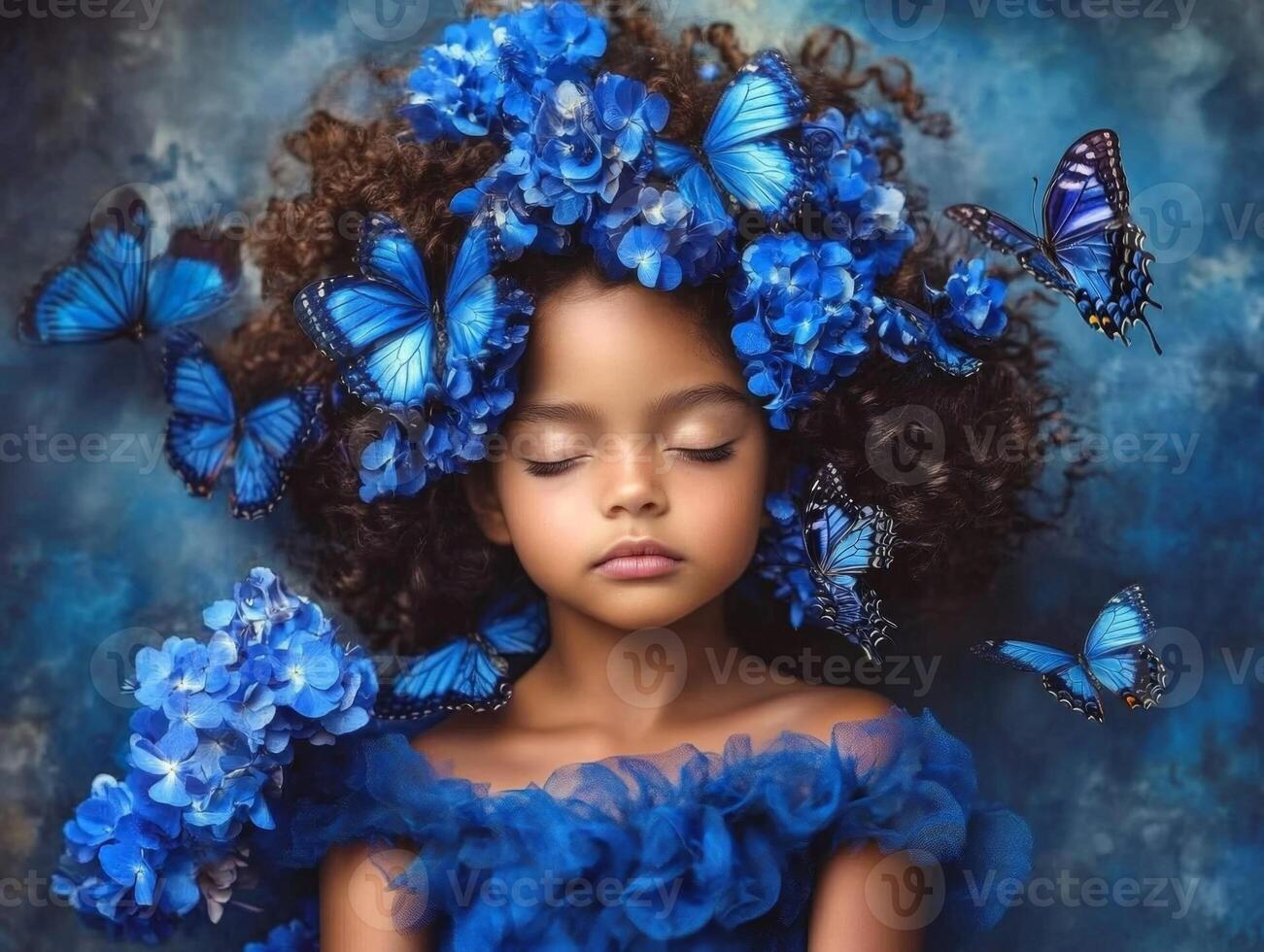 Little girl sleeping peacefully surrounded by blue butterflies and flowers photo