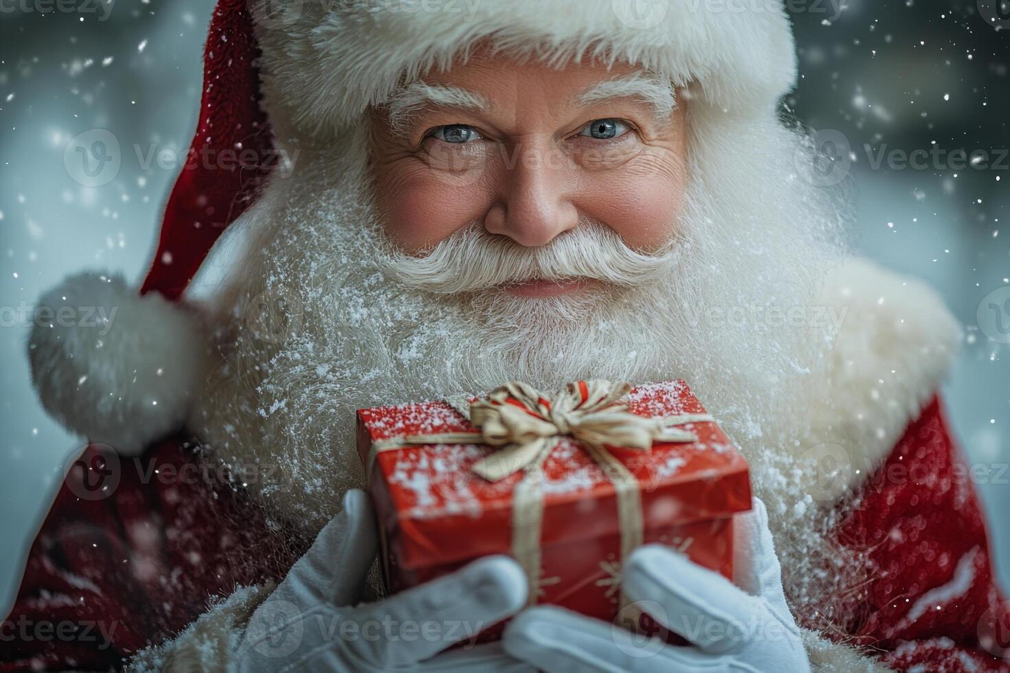 Santa claus holding a christmas gift is smiling under the snow photo