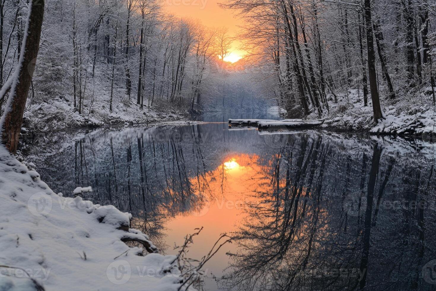 Golden sunset reflecting on a river in the forest during wintertime photo