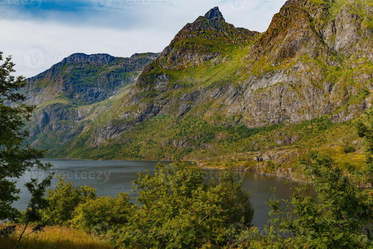 The picturesque coast of the mountain lake of Norway near the Lofoten Islands, the slopes of the mountains covered with green grass are illuminated by the sun, the purest water photo
