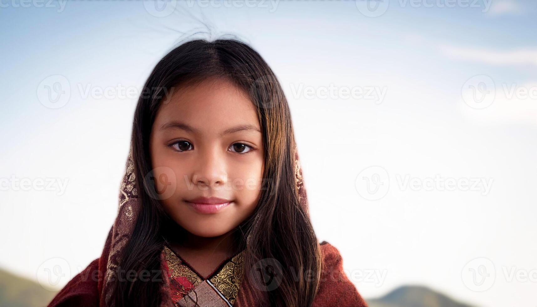 young Tibetan girl, featuring her expressive eyes and soft facial expression, Tibetan girl's face, beauty and cultural heritage of Tibet photo