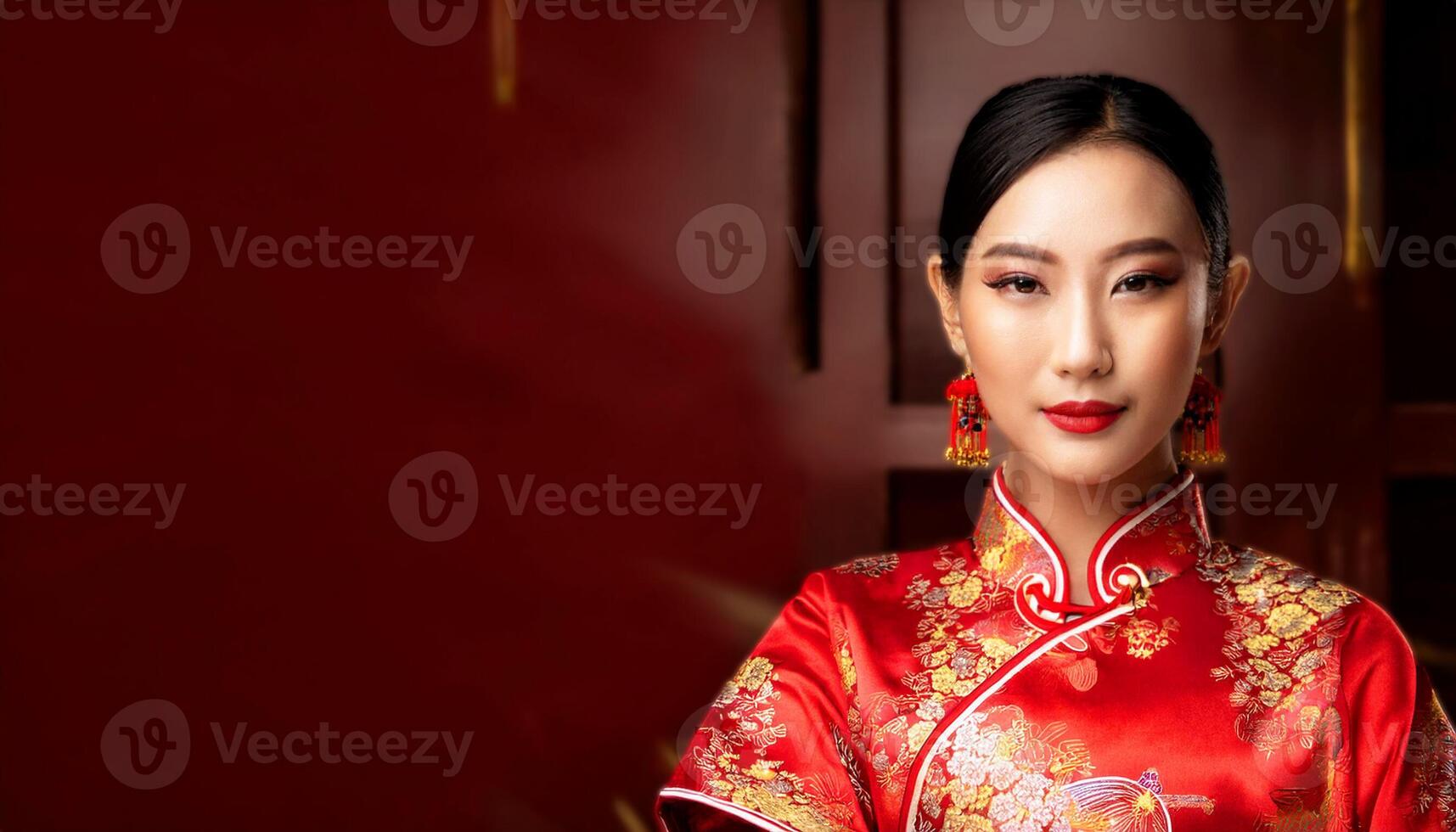 a woman dressed in a traditional red Chinese qipao a woman dressed in a traditional red Chinese qipao, rich red and gold tones that symbolize prosperity and good fortune in Chinese tradition, china photo