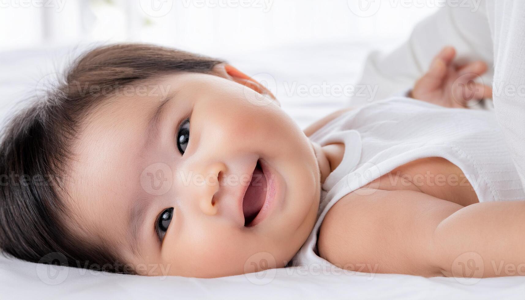 a beautiful baby girl lying on a white bed, smiling with delight. The clean, minimalistic background emphasizes the child is joyful expression and innocence, early childhood, and nurturing care photo