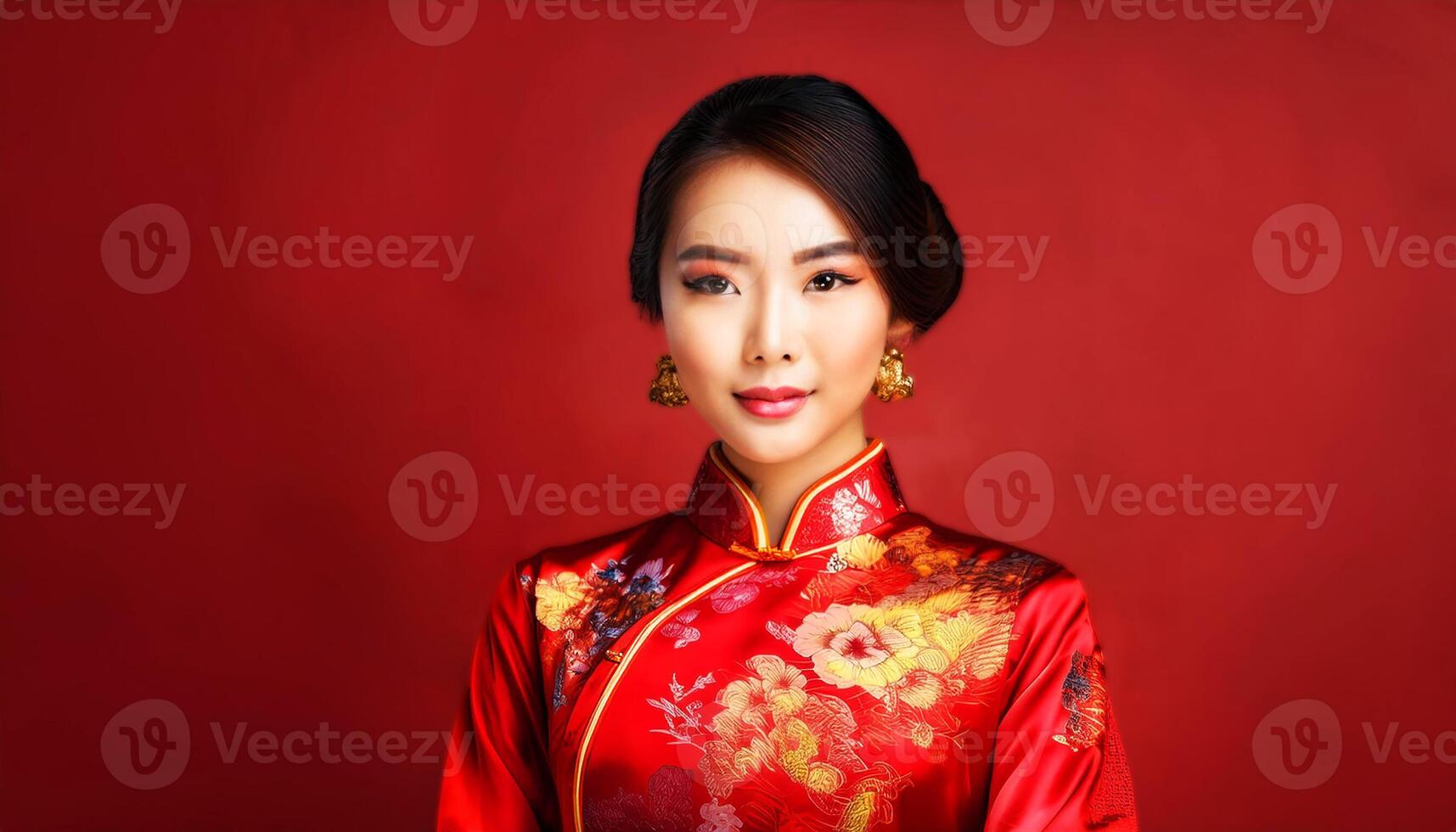 a woman dressed in a traditional red Chinese qipao a woman dressed in a traditional red Chinese qipao, rich red and gold tones that symbolize prosperity and good fortune in Chinese tradition, china photo