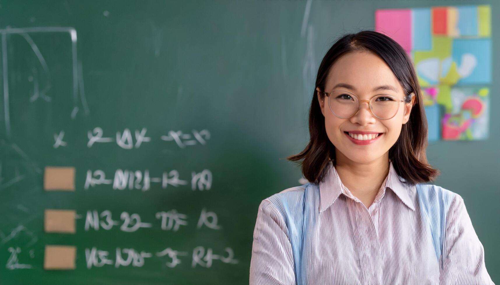 Japanese preschool teacher smiling warmly in a classroom filled with children. The teacher, The vibrant learning environment in the background makes this image perfect for educational themes, school photo