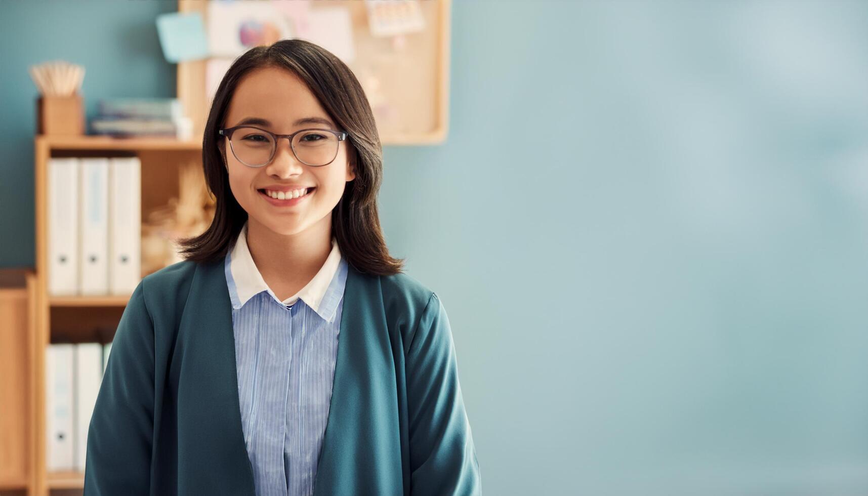 Japanese preschool teacher smiling warmly in a classroom filled with children. The teacher, The vibrant learning environment in the background makes this image perfect for educational themes, school photo