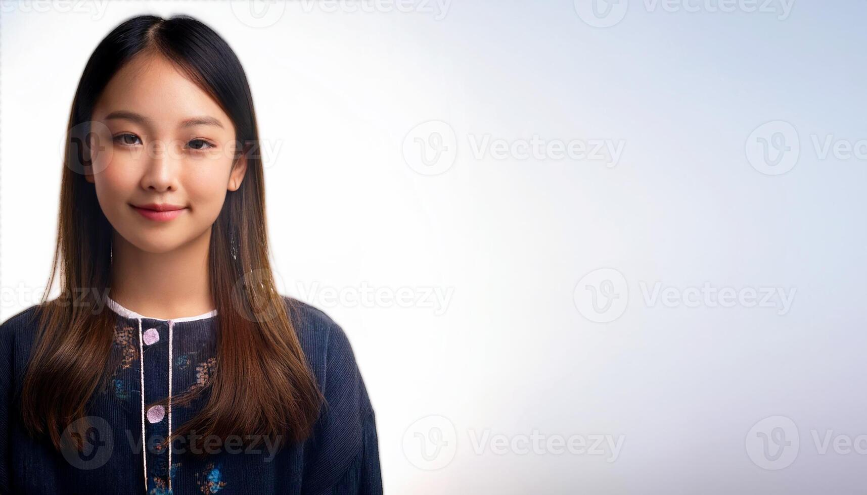 young Korean woman with a friendly smile and natural beauty, captured against a clean white background, lifestyle projects, emphasizing confidence and elegance photo