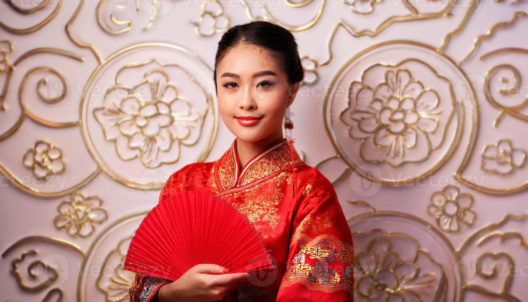 a woman dressed in a traditional red Chinese qipao a woman dressed in a traditional red Chinese qipao, rich red and gold tones that symbolize prosperity and good fortune in Chinese tradition, china photo