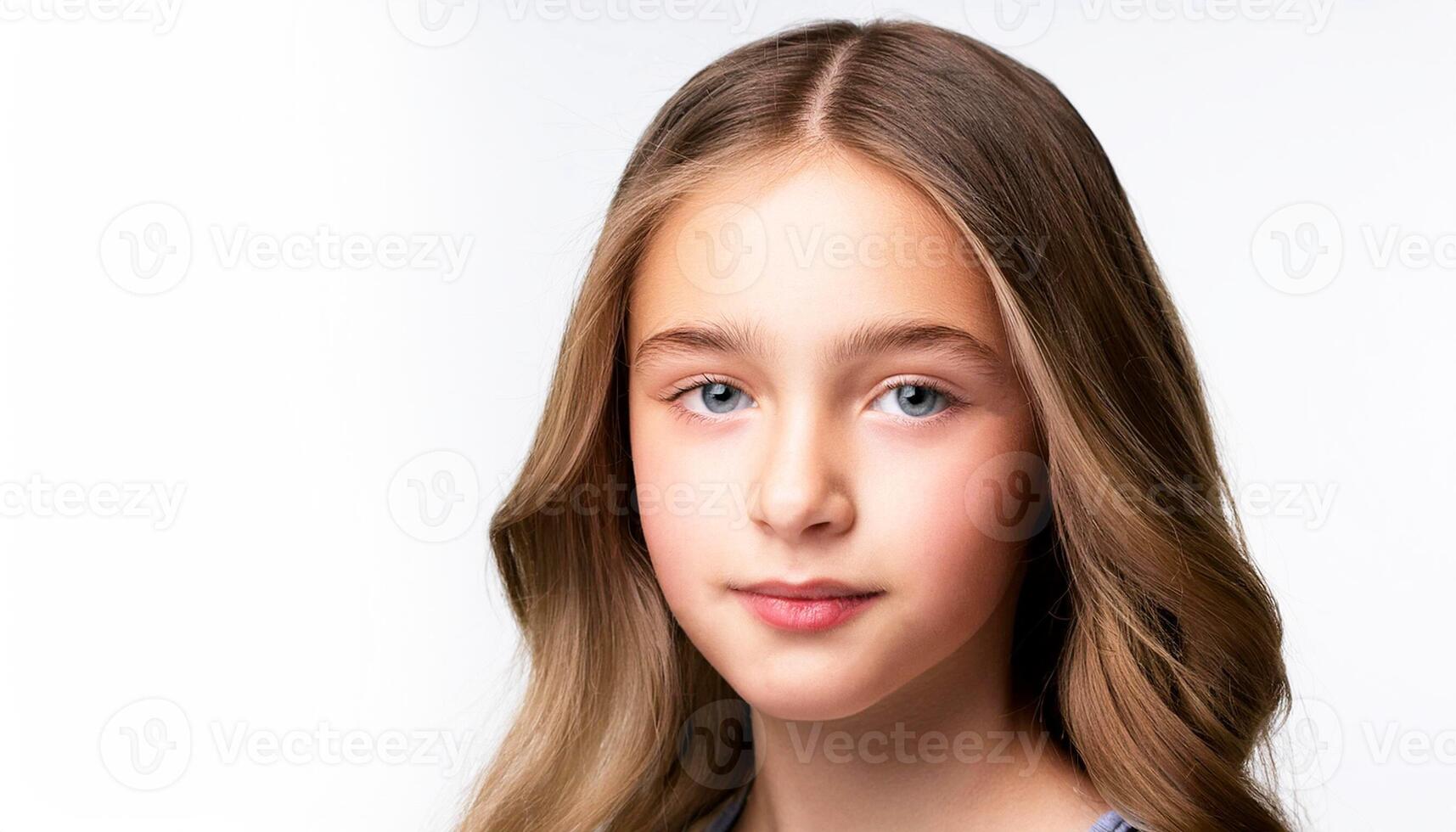 young American girl with long curly hair, smiling brightly. Her warm expression and natural beauty capture the innocence and joy of childhood, American Girl Smiling photo