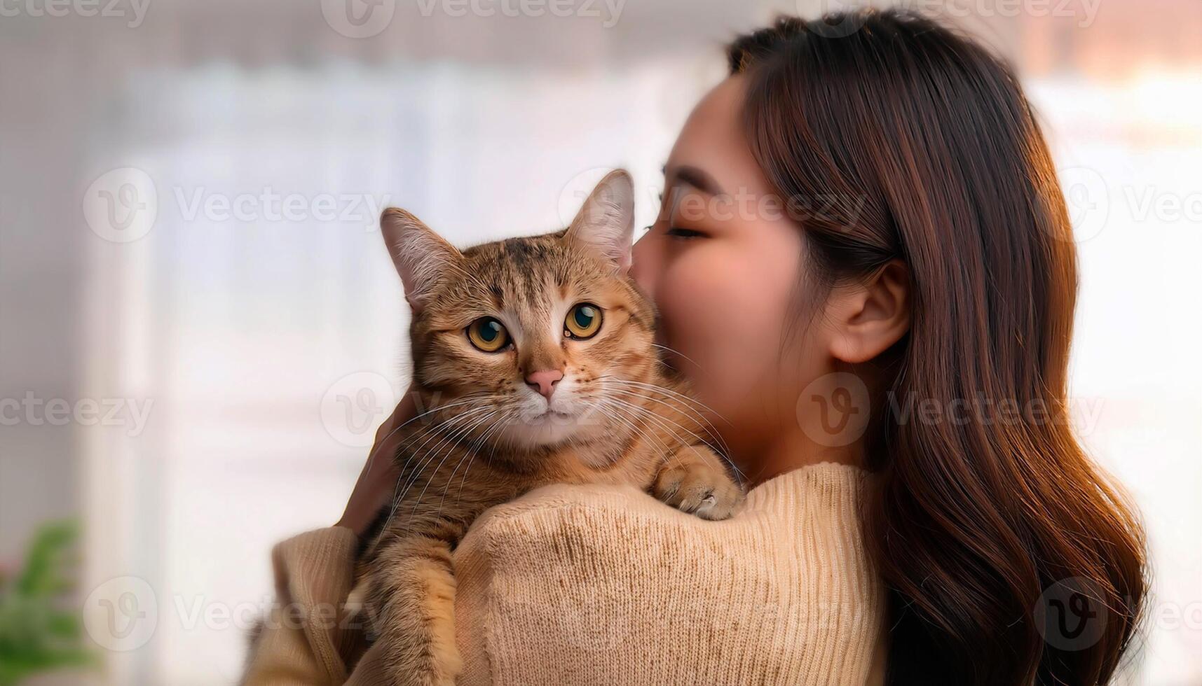 A heartwarming portrait of a young woman embracing her tabby cat, The image captures a moment of affection between a pet owner and her beloved animal, perfect for use in pet care, lifestyle photo