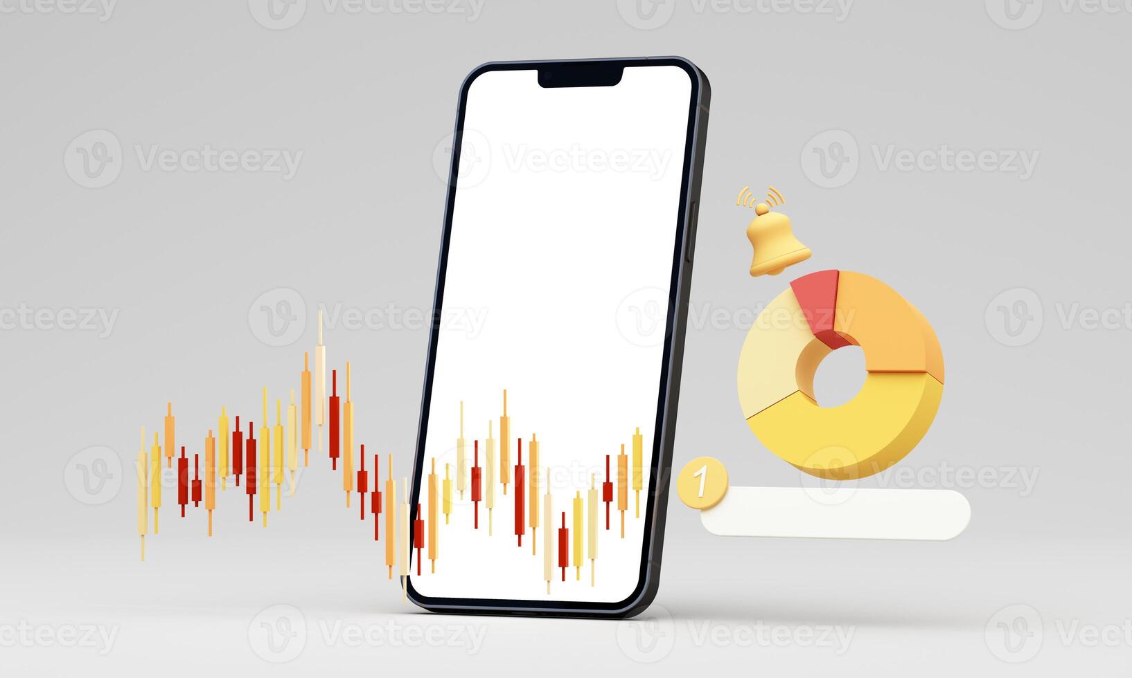 A smartphone with a blank screen shows a candlestick chart and a pie chart with a notification bell, symbolizing financial data analysis and real-time alerts in a 3d rendering photo