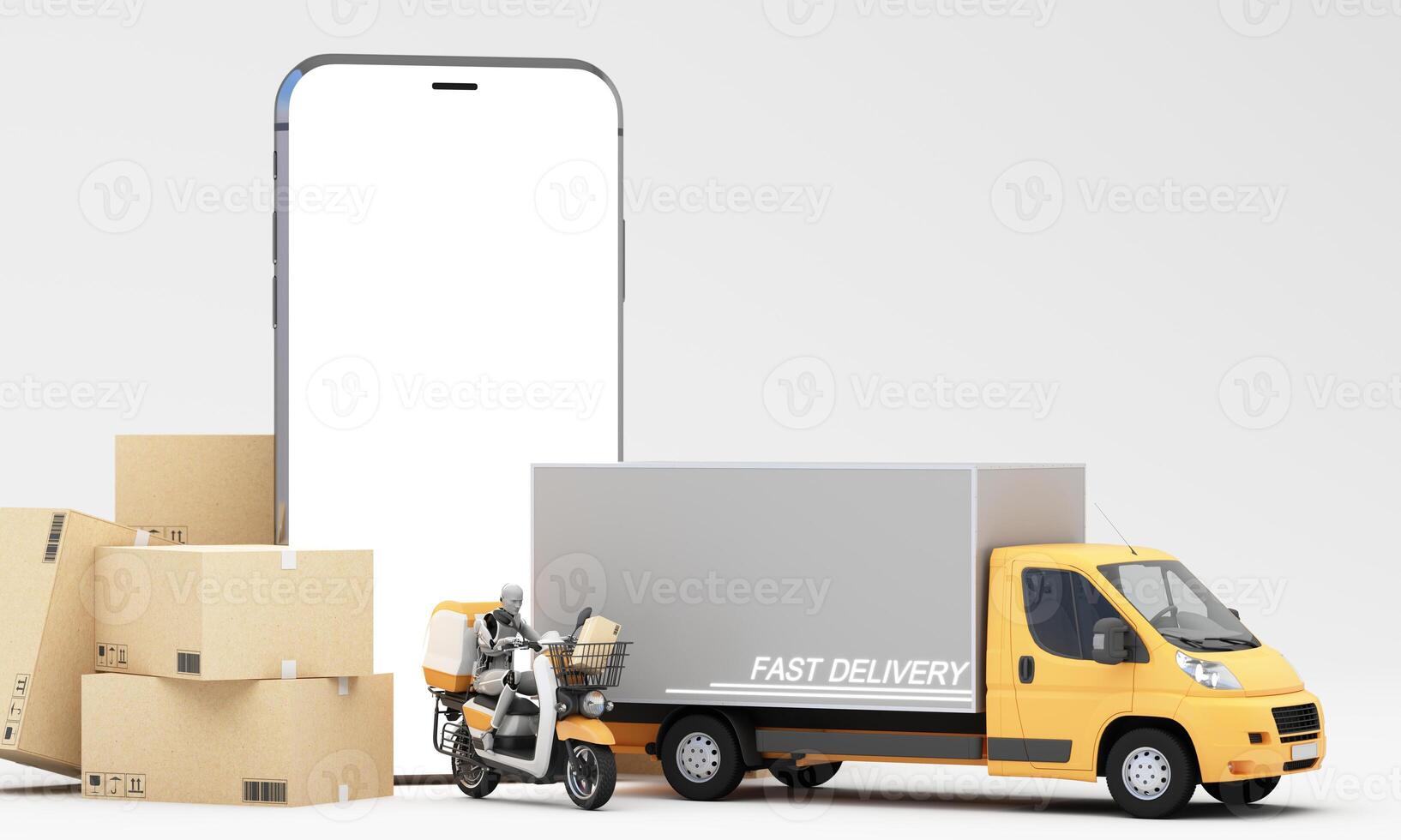 Fast delivery concept with motorcycle and truck or van coming with packages with delivery boy robotic through the smartphone screen 3D rendering, 3D illustration photo