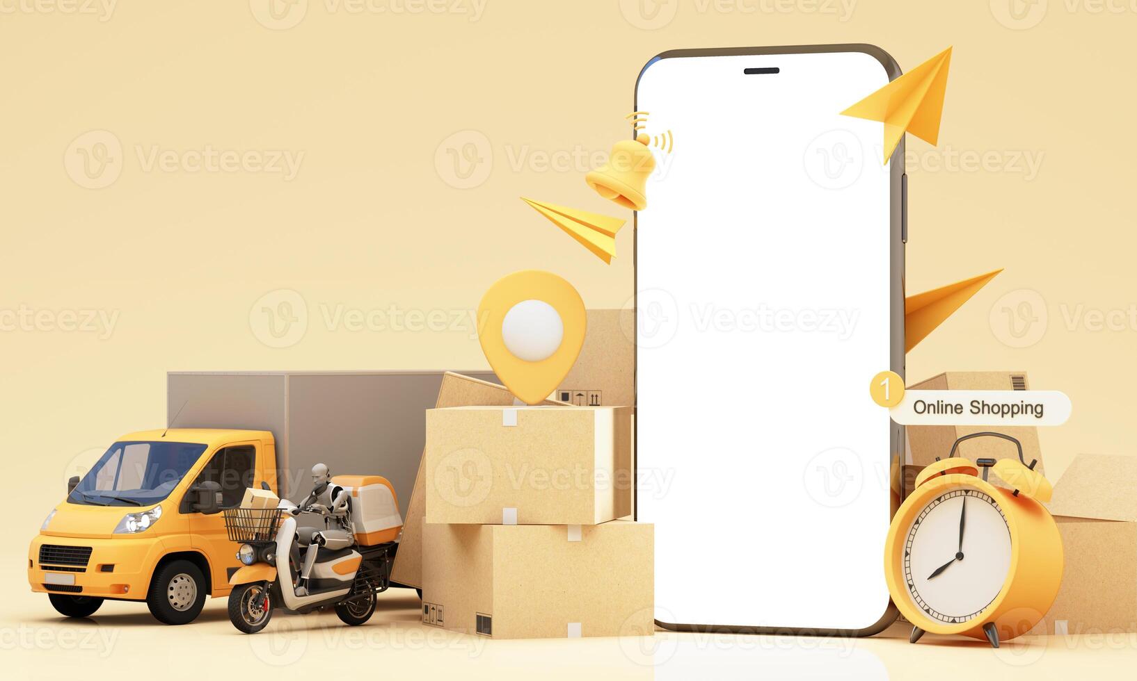 Fast delivery concept with motorcycle and truck or van coming with packages with delivery boy robotic through the smartphone screen 3D rendering, 3D illustration photo