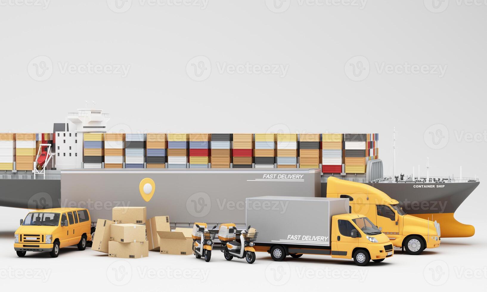 An advanced logistics and delivery network featuring cargo ships trucks vans scooters and an airplane showcasing efficient and fast transportation for global supply chain solutions 3d rendering photo