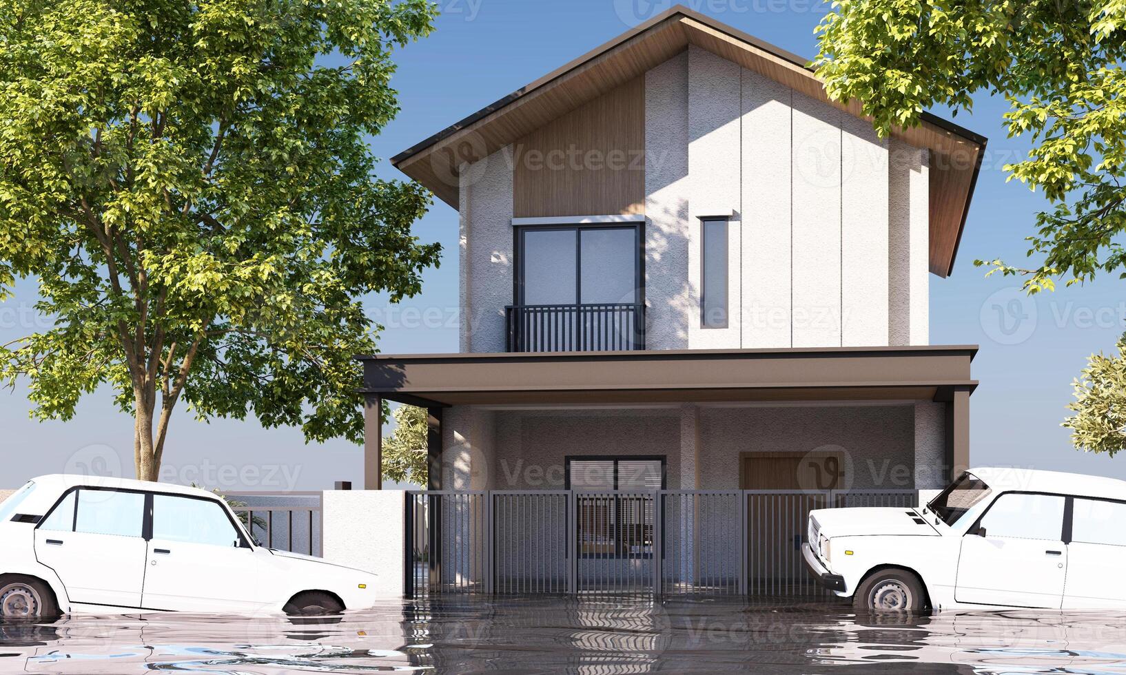 A house with floodwaters surrounding the exterior showing cars partially submerged emphasizing the impact of flooding on residential areas and transportation 3d rendering photo