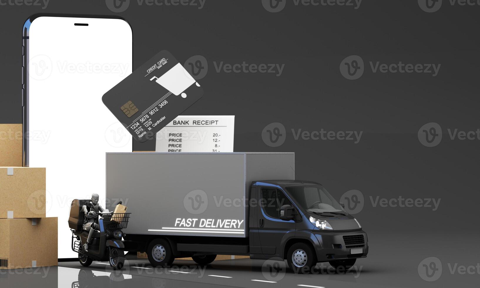 Fast delivery concept with motorcycle and truck or van coming with packages with delivery boy robotic through the smartphone screen 3D rendering, 3D illustration photo