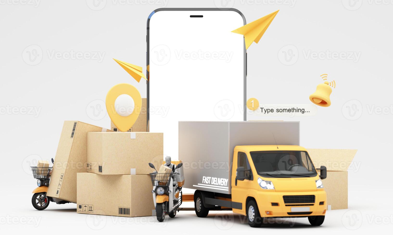 Fast delivery concept with motorcycle and truck or van coming with packages with delivery boy robotic through the smartphone screen 3D rendering, 3D illustration photo