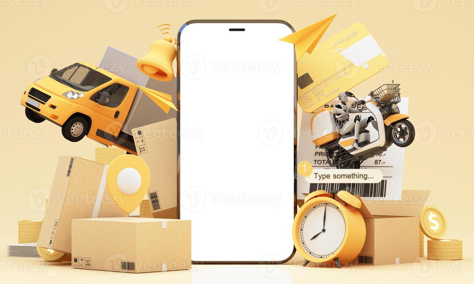 Fast delivery concept with motorcycle and truck or van coming with packages with delivery boy robotic through the smartphone screen 3D rendering, 3D illustration photo
