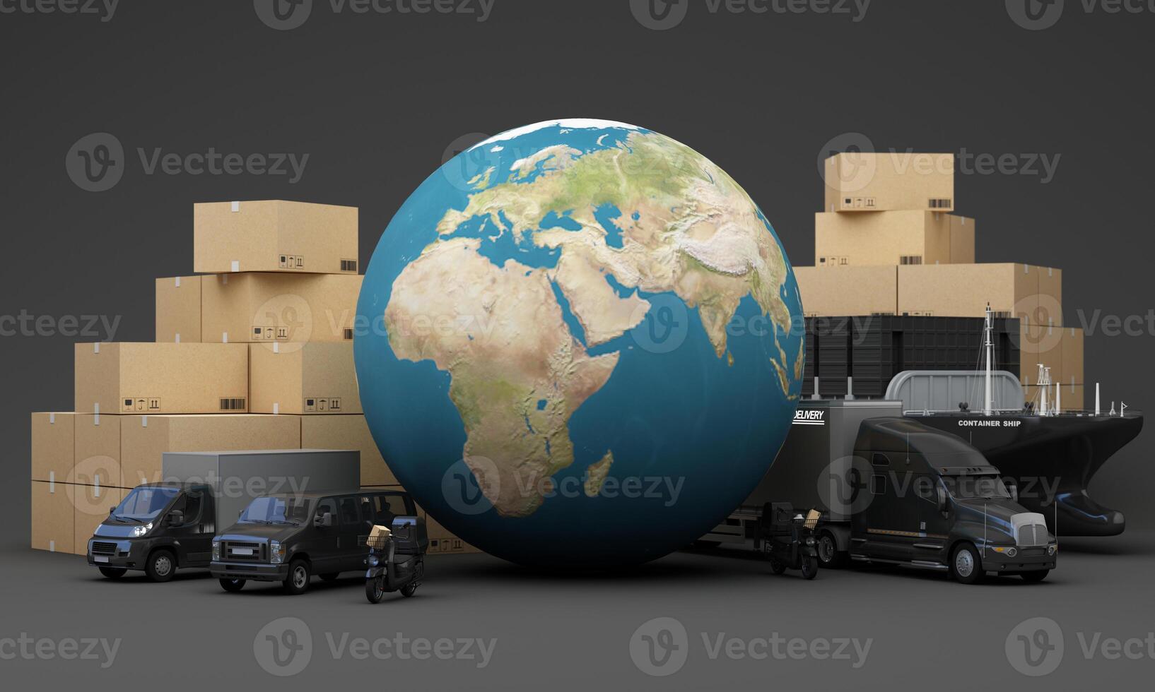 An advanced logistics and delivery network featuring cargo ships trucks vans scooters and an airplane showcasing efficient and fast transportation for global supply chain solutions 3d rendering photo