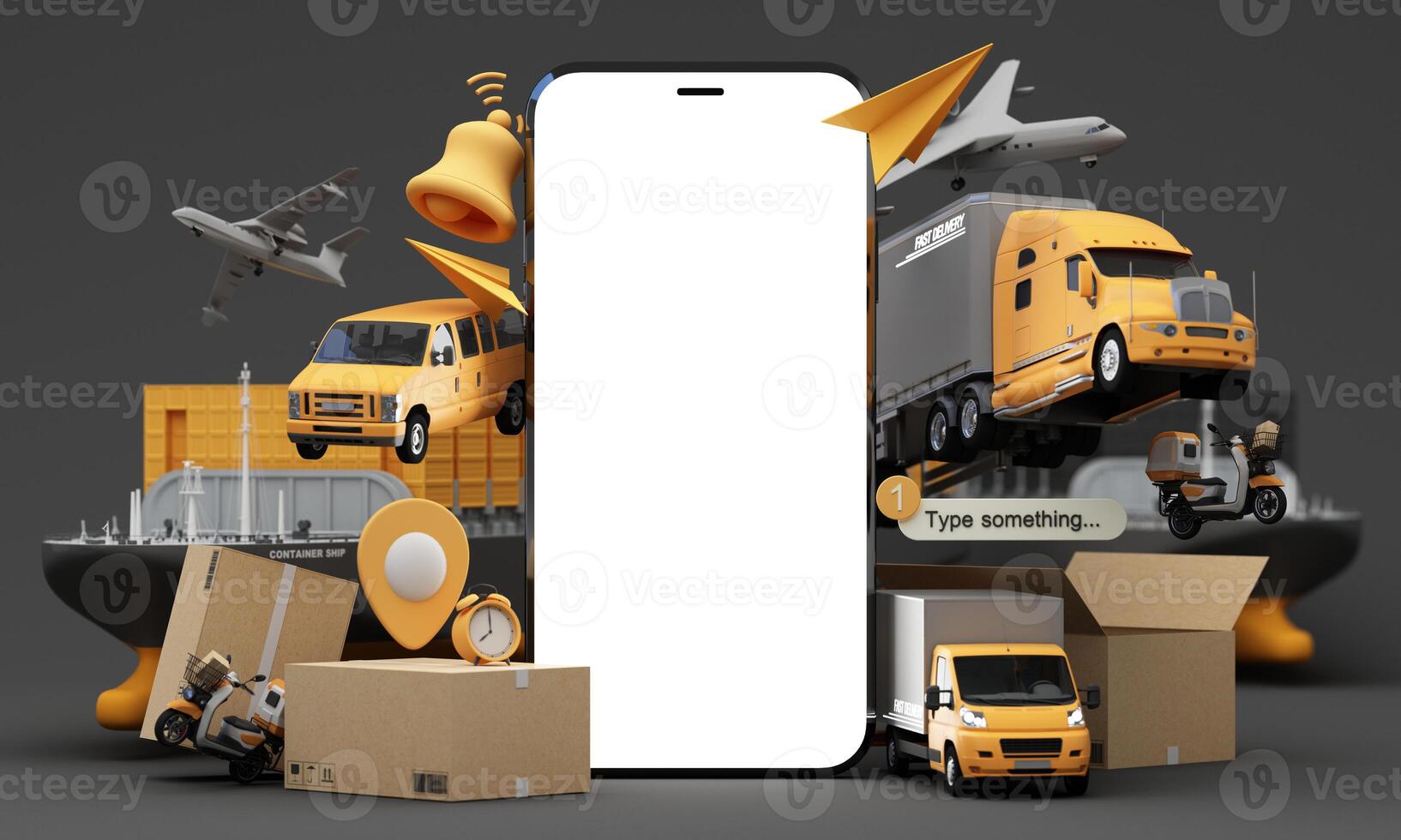An advanced logistics and delivery network featuring cargo ships trucks vans scooters and an airplane showcasing efficient and fast transportation for global supply chain solutions 3d rendering photo