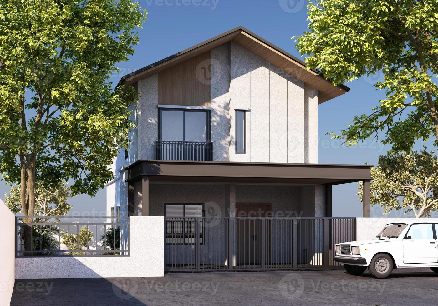 Minimalist modern japanese white house exterior with terrace and garden 3d render Decorated with wooden texture surrounded with green nature ,peaceful, comfortable, suitable for relaxation photo