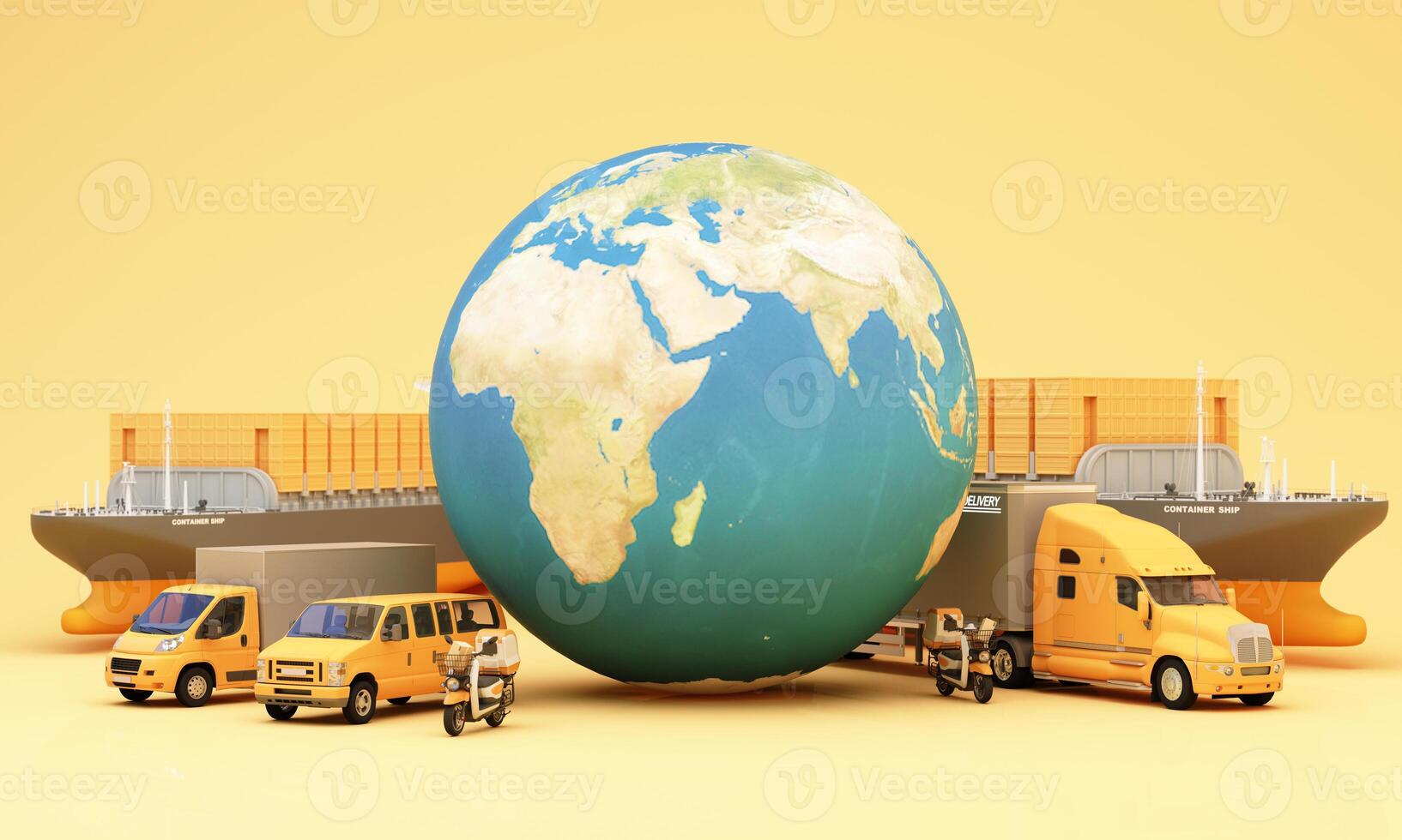 An advanced logistics and delivery network featuring cargo ships trucks vans scooters and an airplane showcasing efficient and fast transportation for global supply chain solutions 3d rendering photo