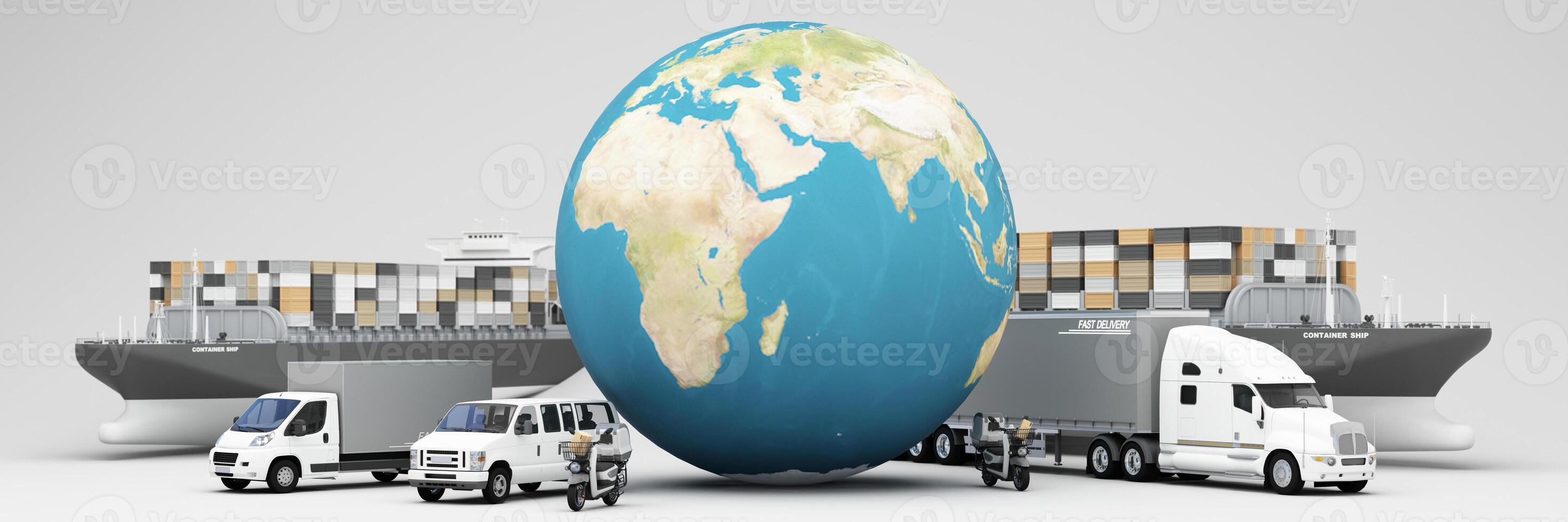 A global logistics concept featuring cargo ships, trucks, vans, and motorcycles surrounding a large globe, international shipping, delivery, and transportation services for worldwide. 3d rendering photo