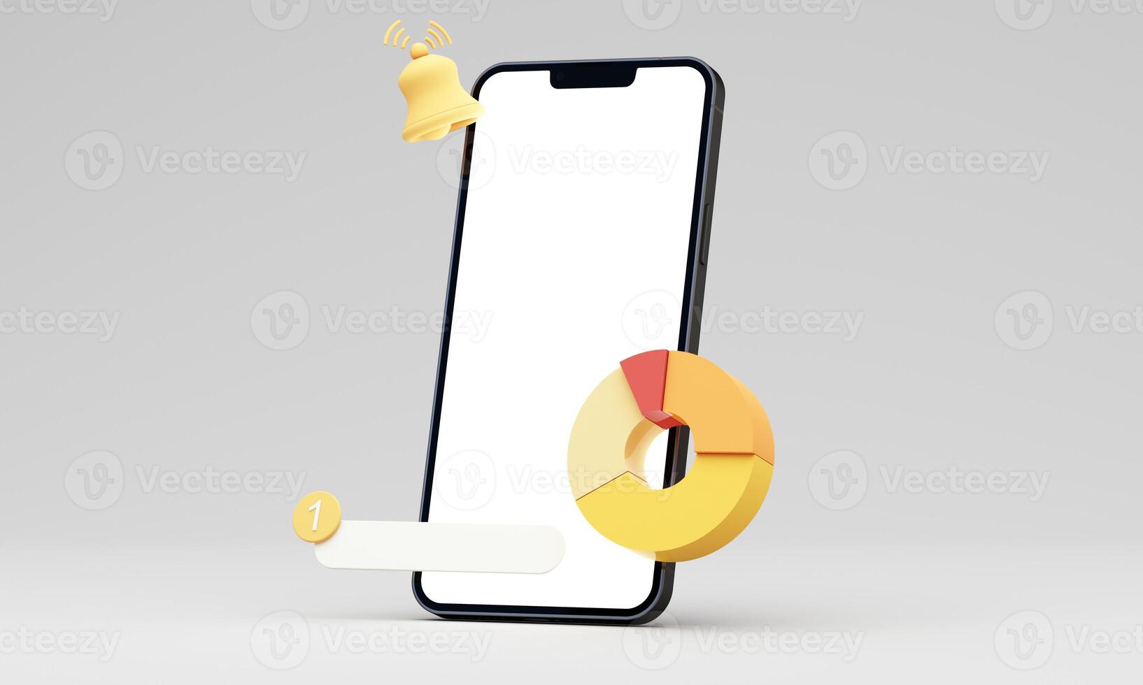 A smartphone with a blank screen shows a candlestick chart and a pie chart with a notification bell, symbolizing financial data analysis and real-time alerts in a 3d rendering photo