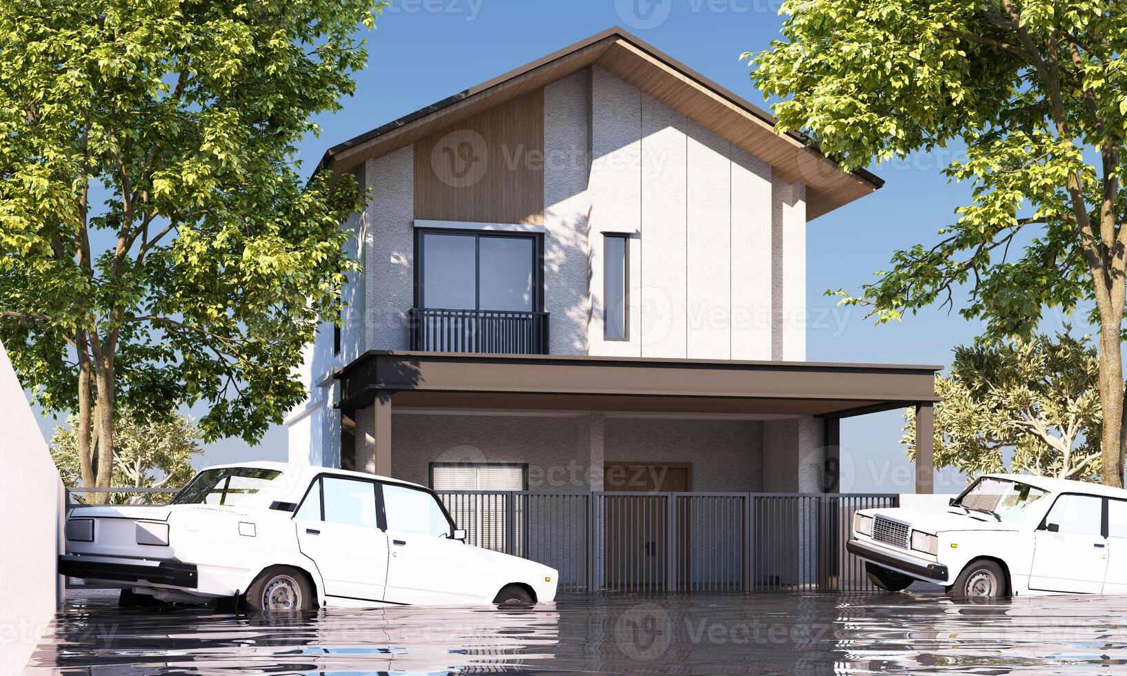 A house with floodwaters surrounding the exterior showing cars partially submerged emphasizing the impact of flooding on residential areas and transportation 3d rendering photo