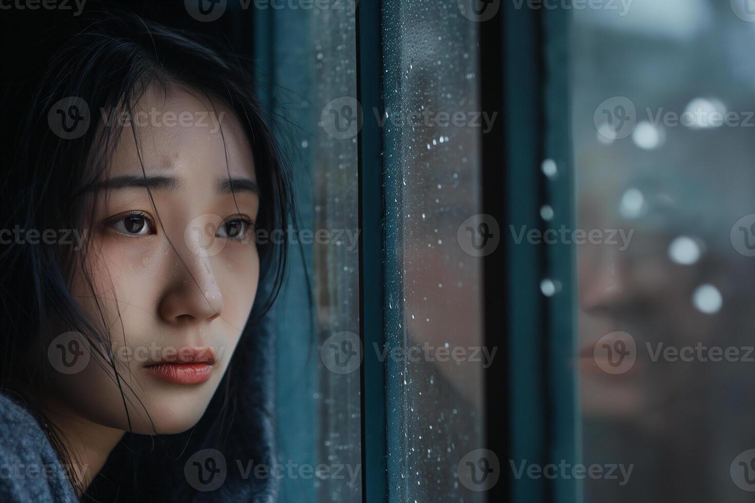 Portrait of sad beautiful woman crying and standing by the window photo