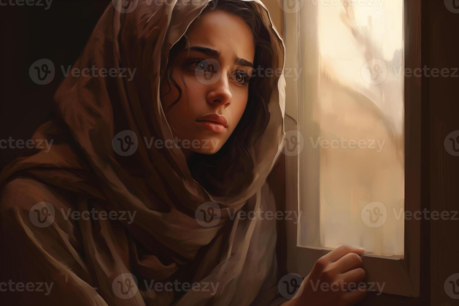 Portrait of sad beautiful woman crying and standing by the window photo
