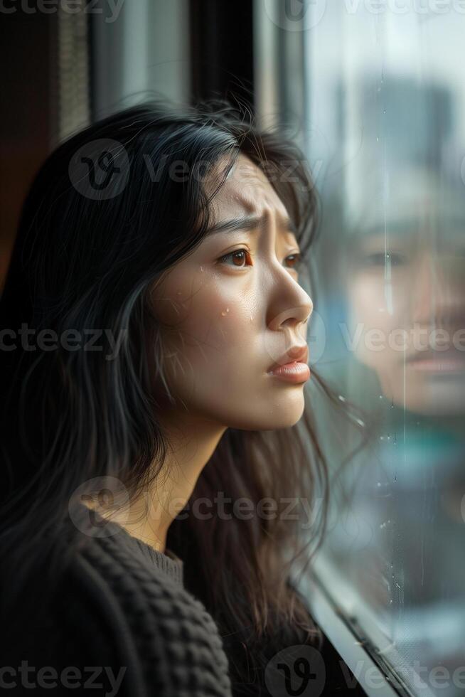 Portrait of sad beautiful woman crying and standing by the window photo