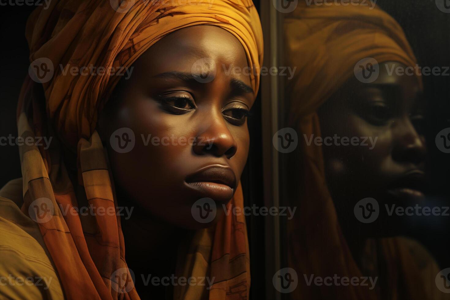 Portrait of sad beautiful woman crying and standing by the window photo
