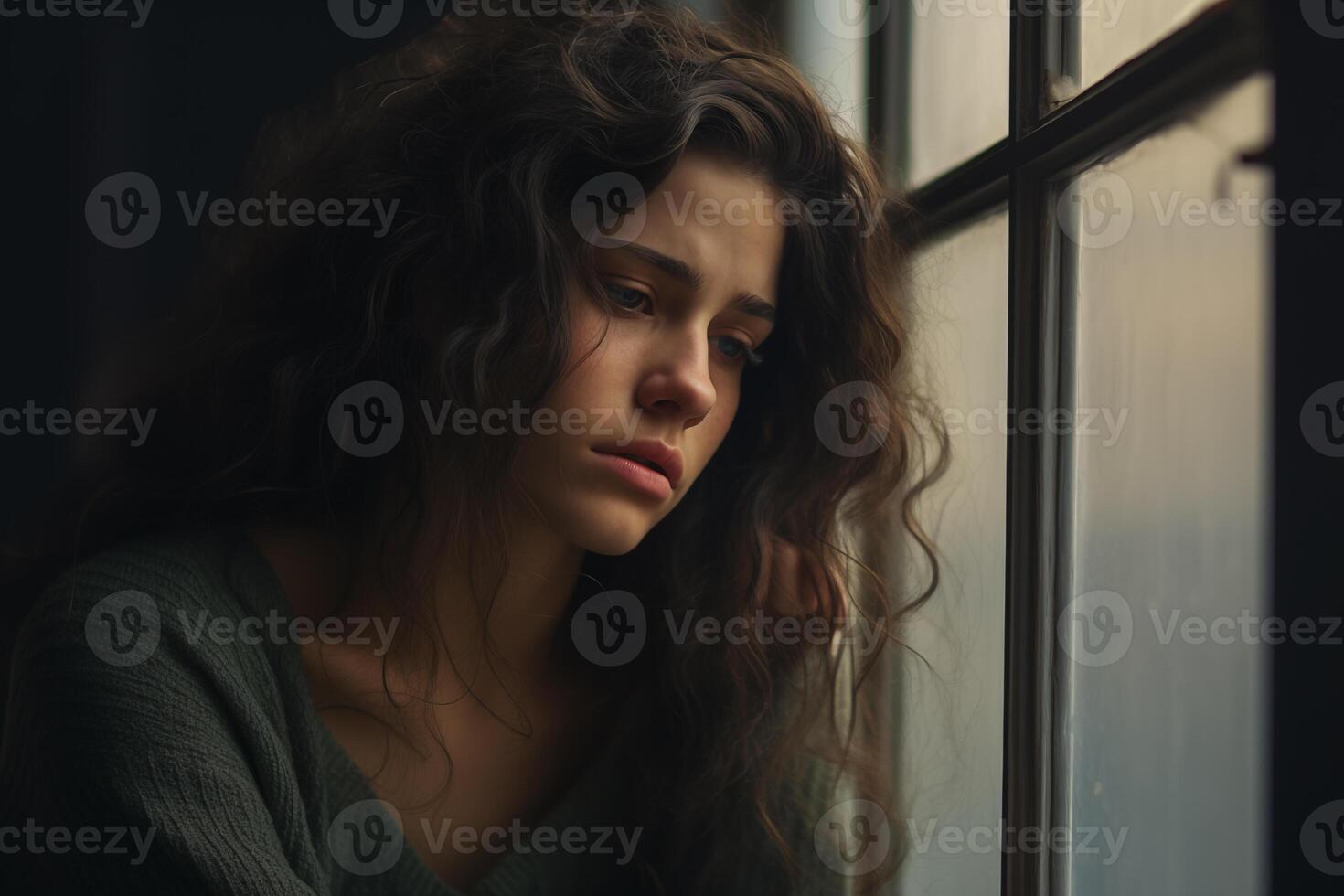 Portrait of sad beautiful woman crying and standing by the window photo