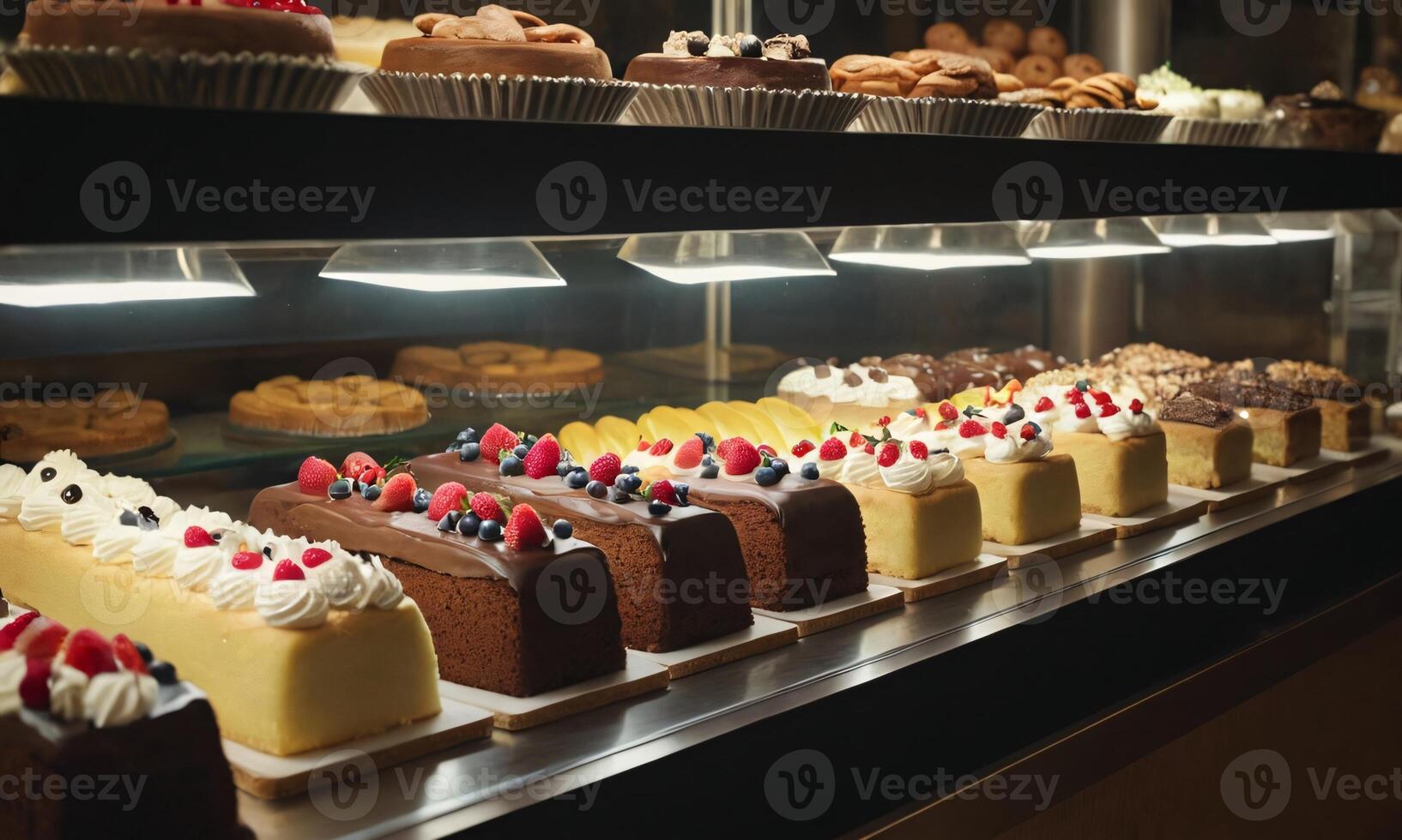 Many Cakes Displayed Inside a Glass Case in a Shop photo