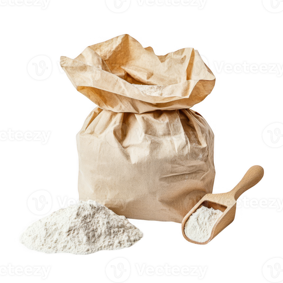 Paper bag with wheat flour and wooden scoop transparent background png