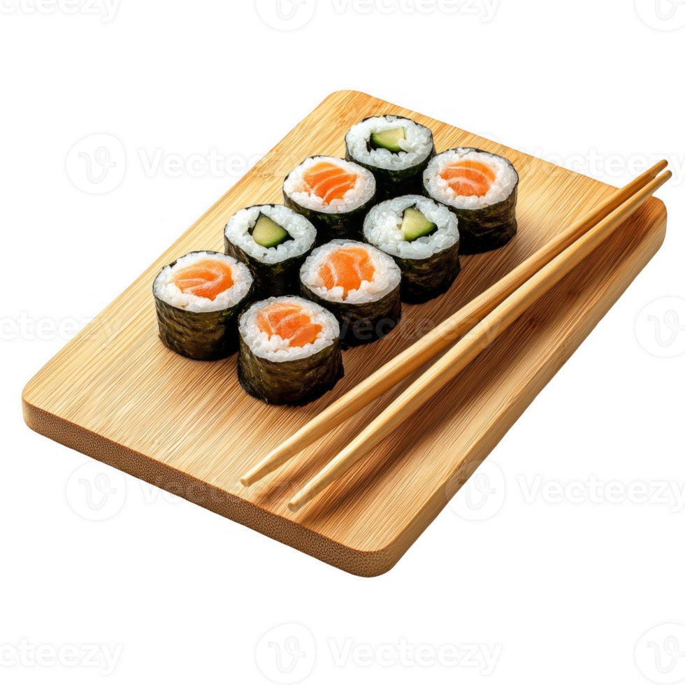Board with tasty sushi rolls and chopsticks transparent background png