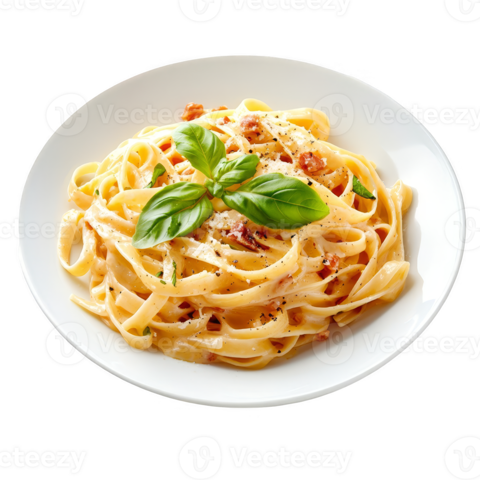 Plate with tasty pasta carbonara transparent background png