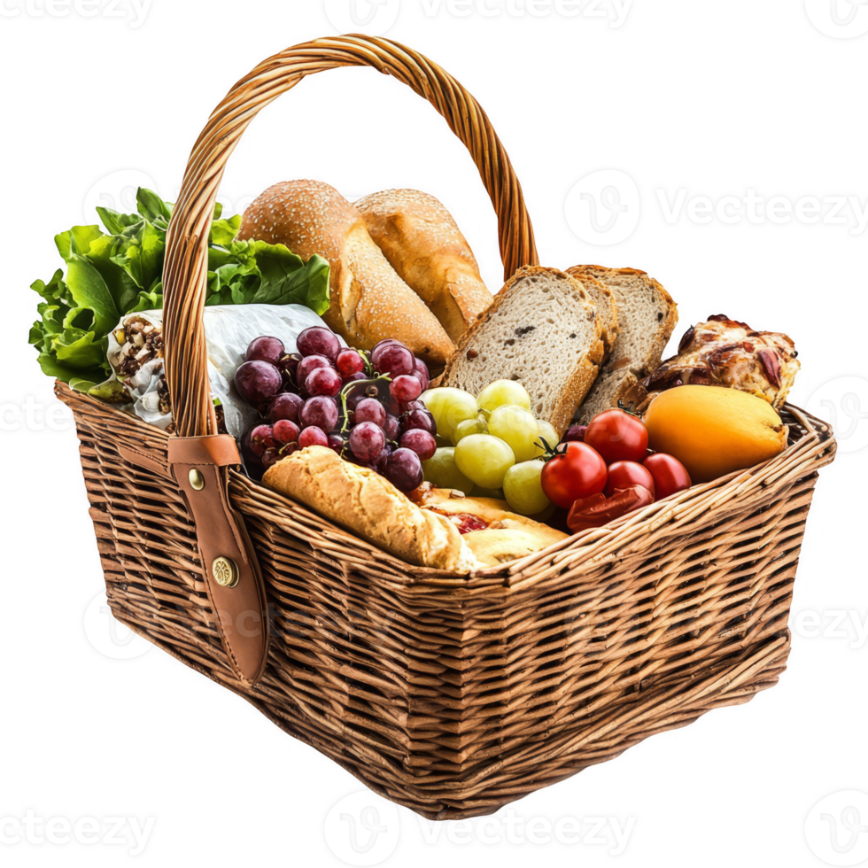 Wicker picnic basket with tasty food transparent background png