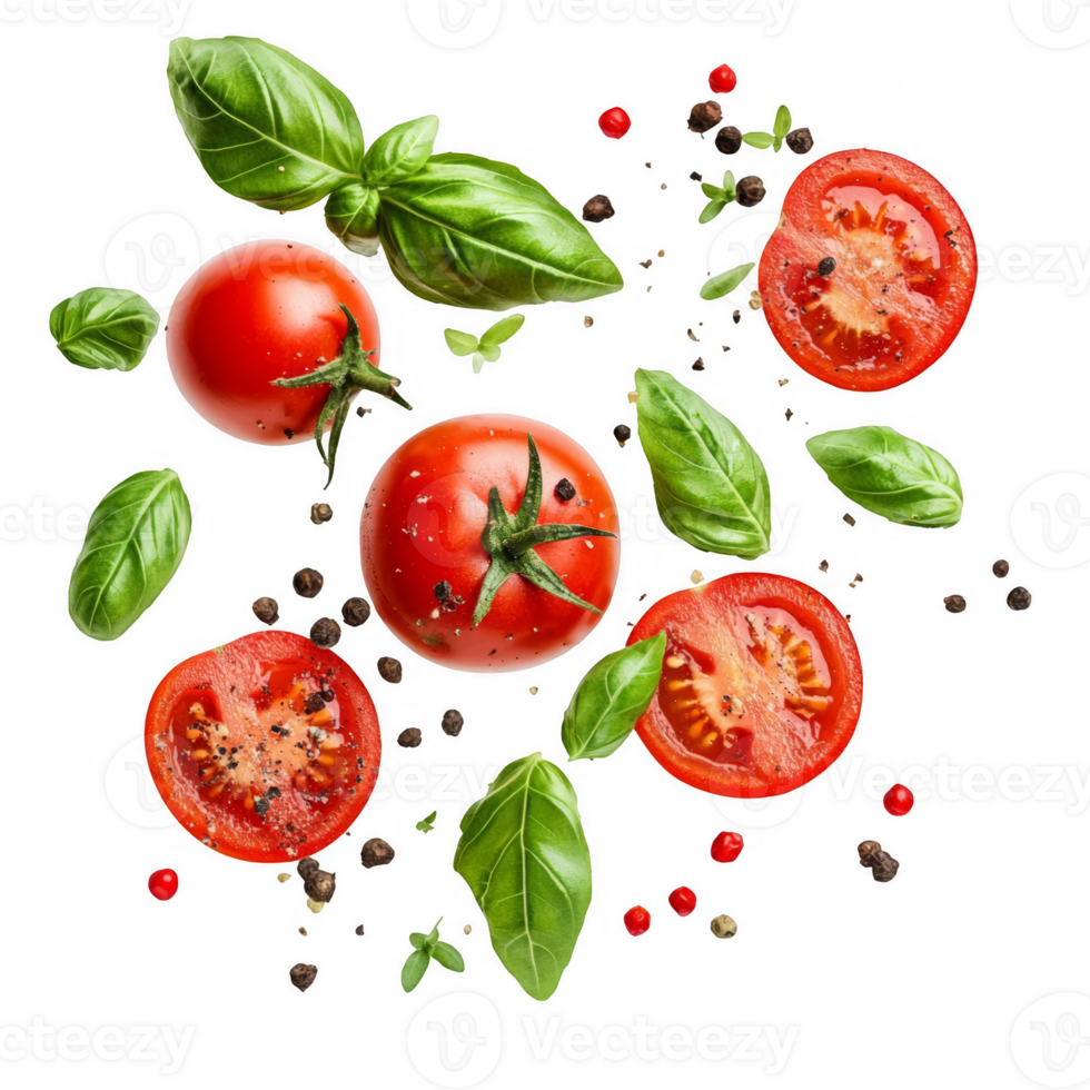 Flying ingredients of tomatoes basil and pepper transparent background png