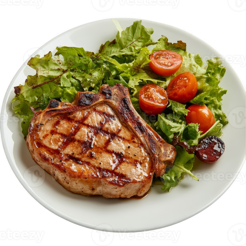 Grilled pork steak with green salad in plate transparent background png