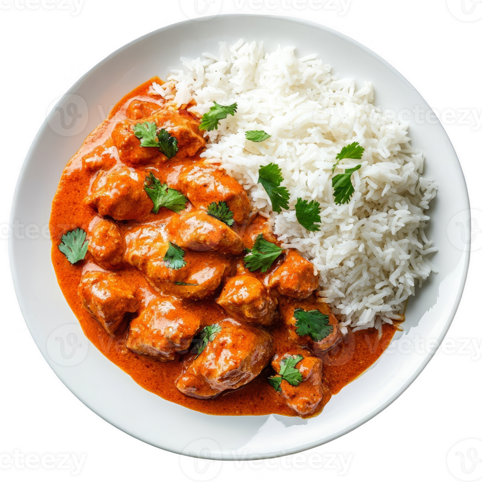 Butter chicken with basmati rice on white plate transparent background png