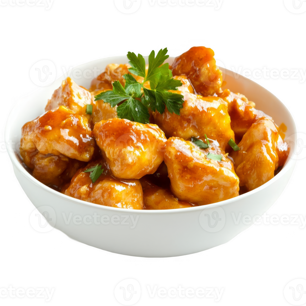 Chicken with orange sauce in white bowl transparent background png