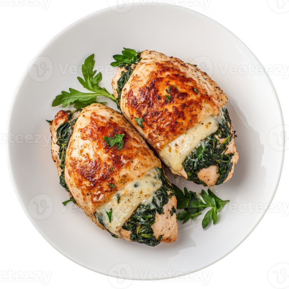 Two chicken breasts with spinach and cheese on a white plate png